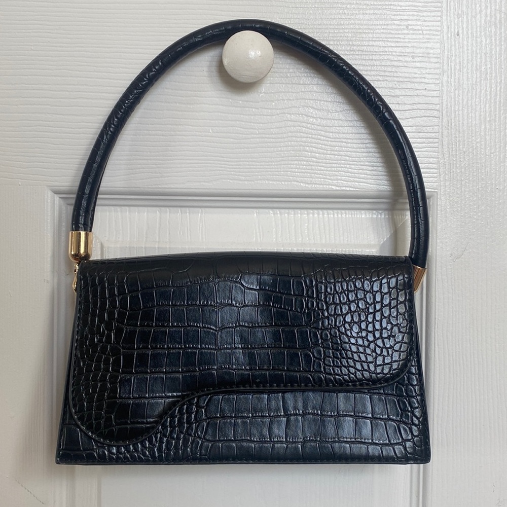 Black croc embossed shoulder bag